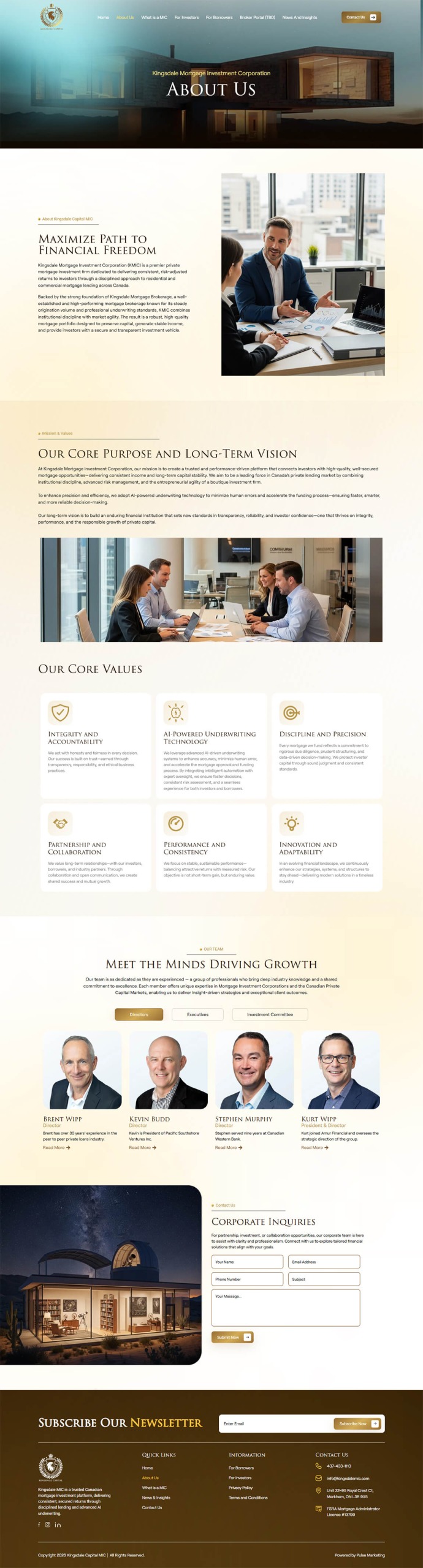 Desktop web design layout for Kingsdale MIC About Us section with feature cards and team bios.