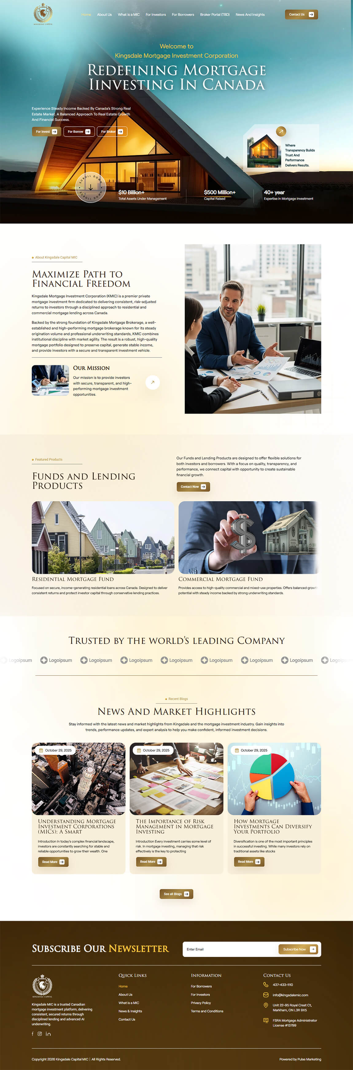 Full desktop homepage website design layout for Kingsdale MIC mortgage investment company