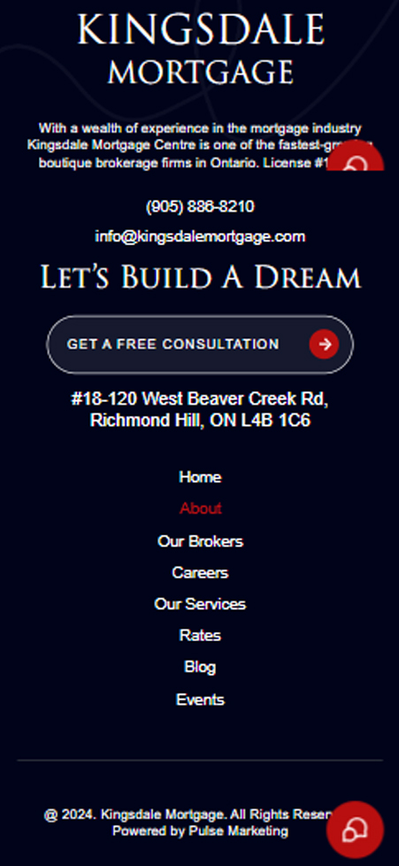 Mobile web header for Kingsdale Mortgage Centre with headline Let's Build A Dream and Free Consultation button