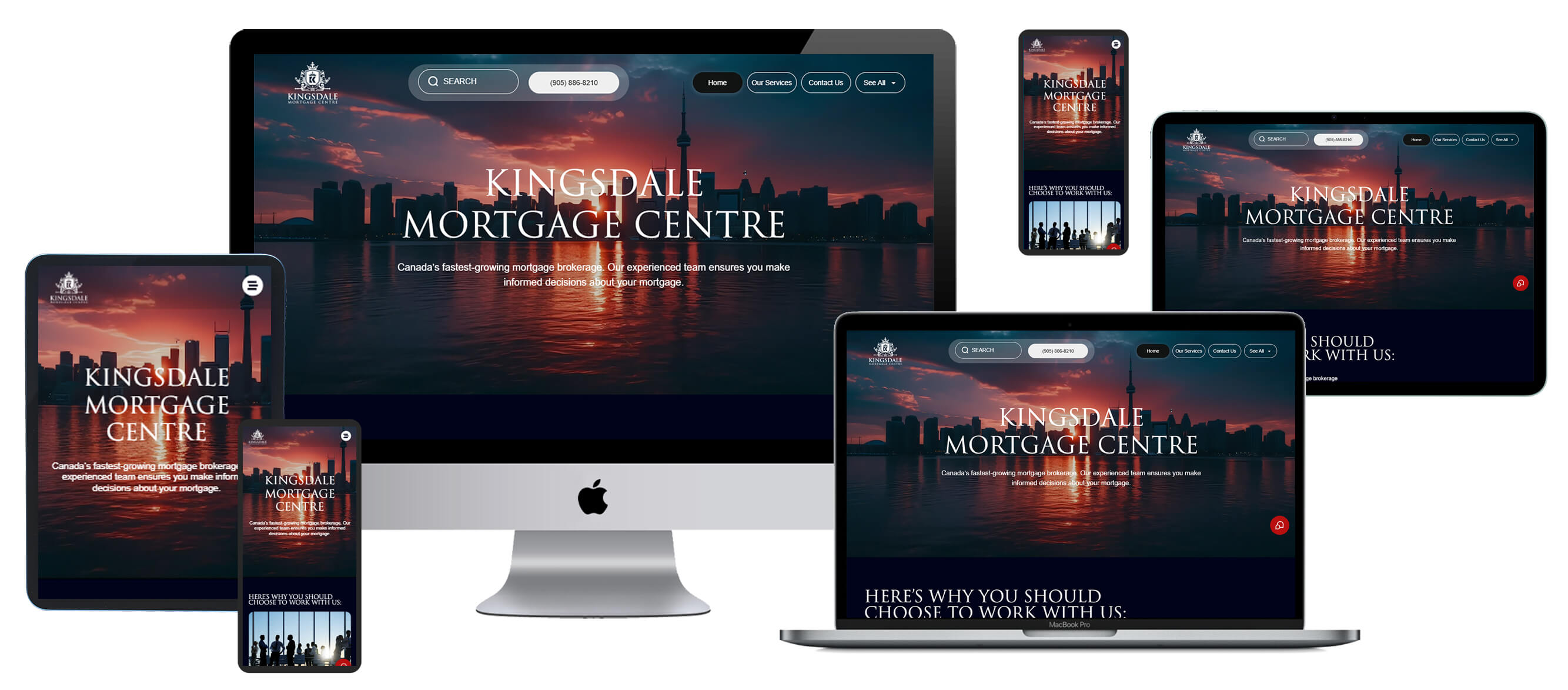Multi-device screen mockup displaying Kingsdale Mortgage Centre website on desktop, laptop, and mobile phone