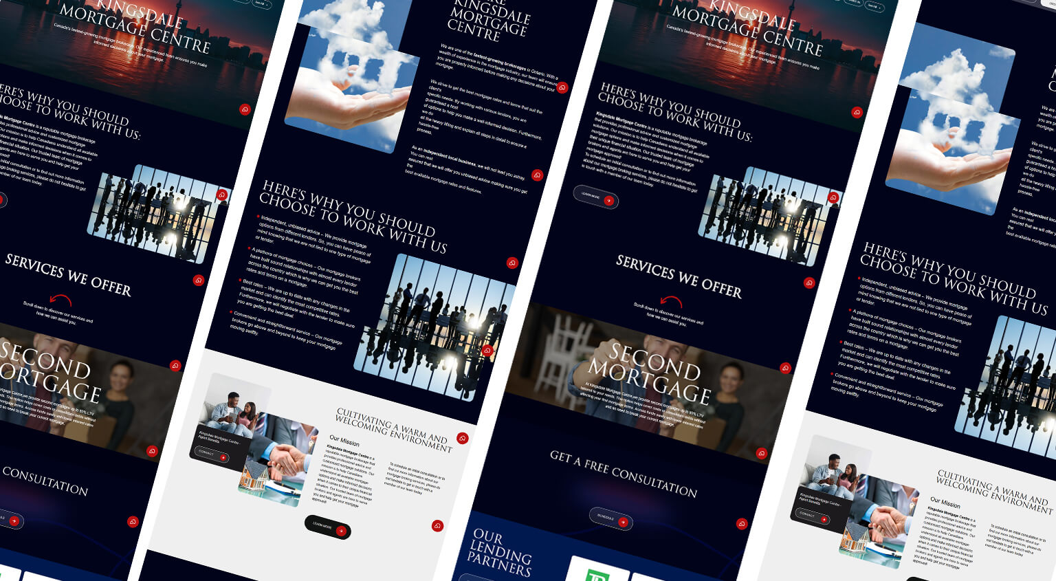 Isometric perspective grid display showing webpage layouts for Kingsdale Mortgage Centre website