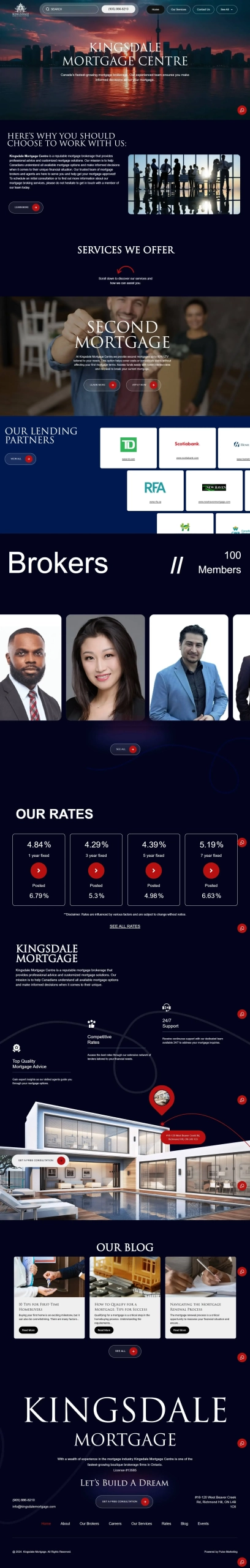 Dark mode mobile website interface design featuring broker team profiles for Kingsdale