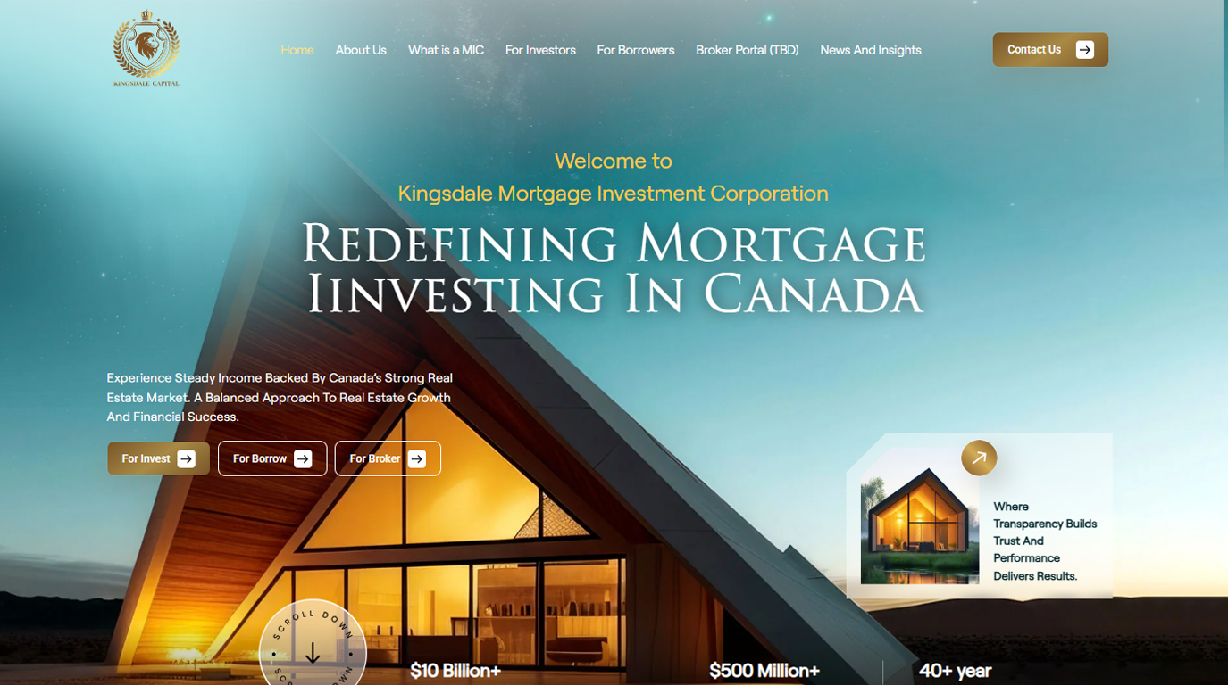 Kingsdale MIC hero banner showcasing website design for a Canadian mortgage investment company.