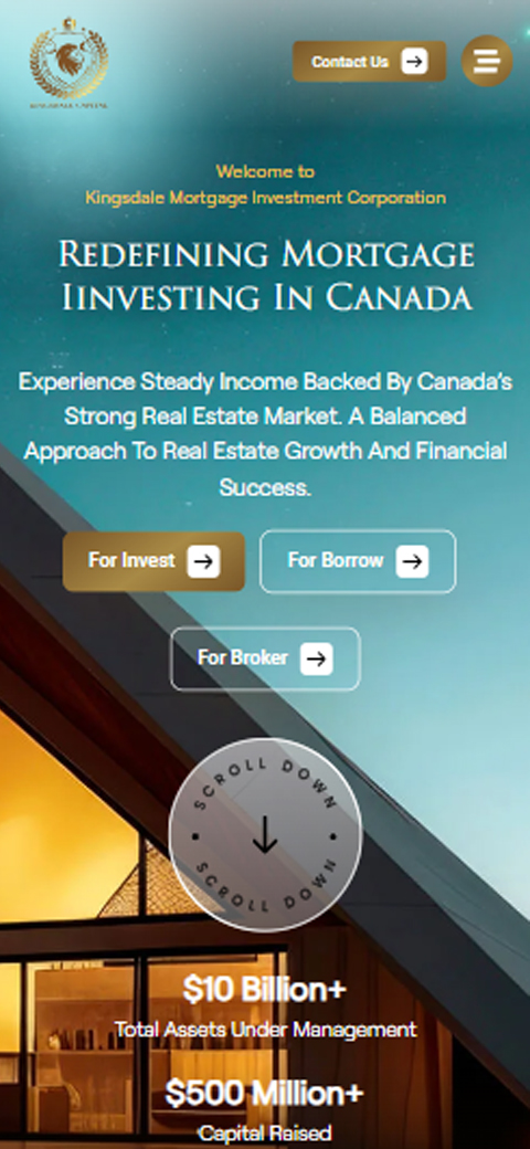 Teal blue mobile hero card for Kingsdale MIC reading Experience Steady Income Backed By Canadian Real Estate