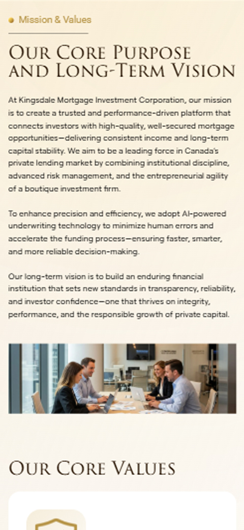 Mobile webpage card explaining AI-powered underwriting technology on Kingsdale MIC mobile site