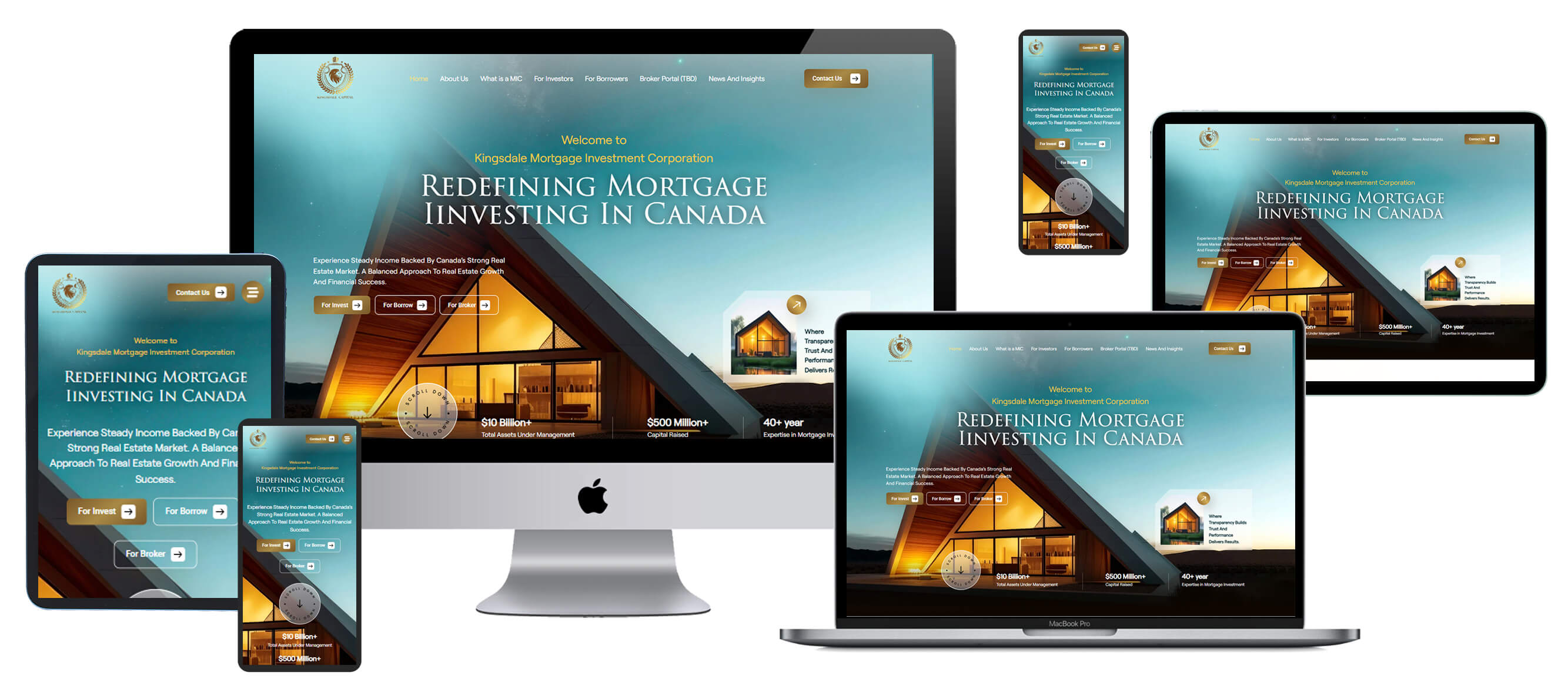 Multi-device screen mockup displaying Kingsdale MIC website across desktop, laptop, and mobile smartphone
