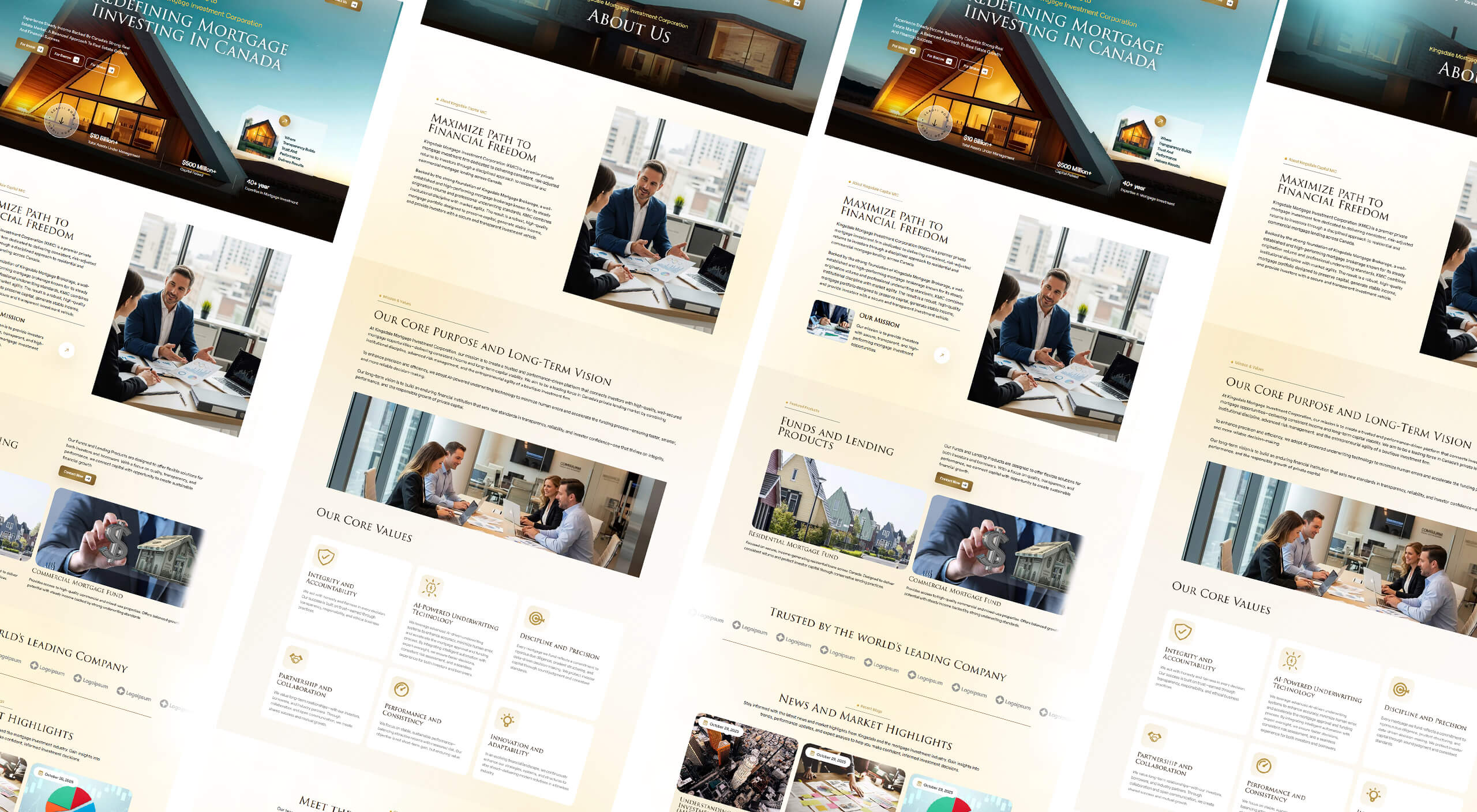 Isometric perspective grid display showing gold and navy webpage layouts for Kingsdale MIC mortgage investment corporation