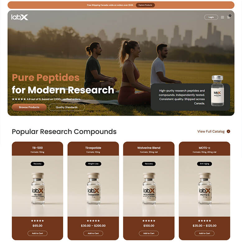 E-commerce website design layout for Lab-X reading Pure Peptides for Modern Research displaying supplement bottles