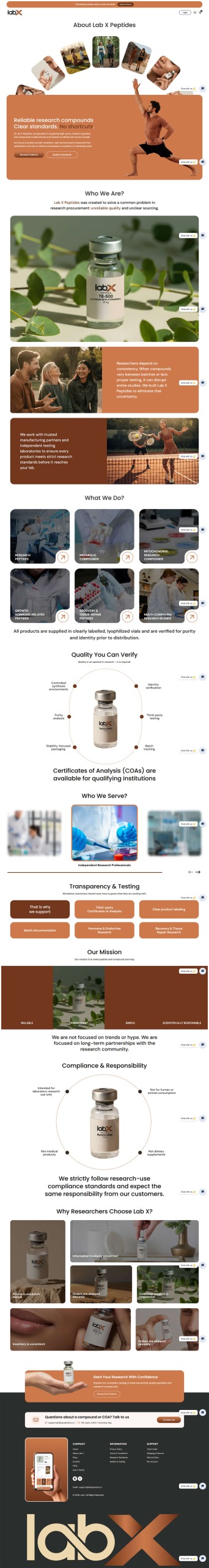 Full vertical desktop About Us page screenshot for LabX scientific skincare and supplement brand