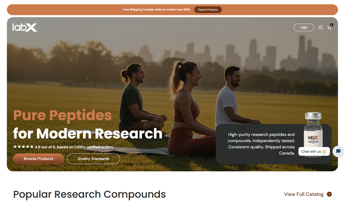 Wide landscape website banner for LabX showing group yoga outdoors with text Peptides for Modern Research