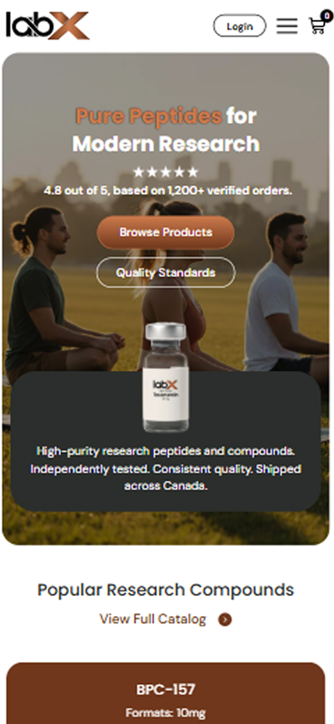 Mobile hero section for LabX with outdoor yoga backdrop, floating peptide vial, and Browse Products button