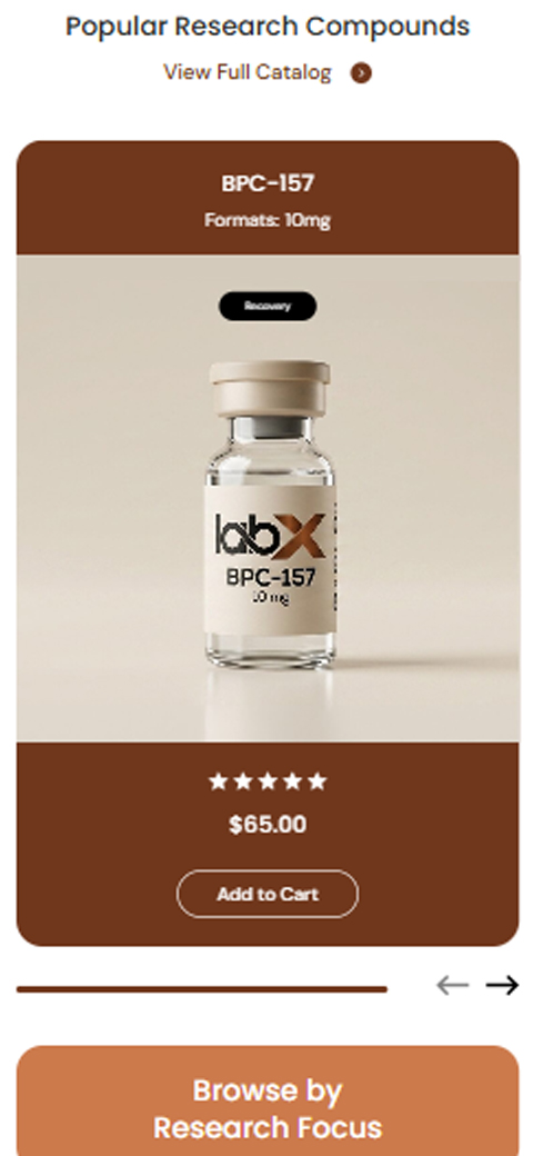 Mobile product card for LabX displaying BPC-157 5mg laboratory peptide vial against clean neutral backdrop