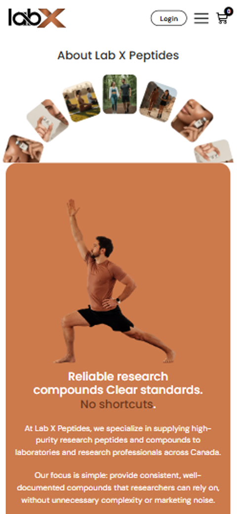 Mobile layout card for LabX showing male athlete stretching outdoors under terracotta hero header