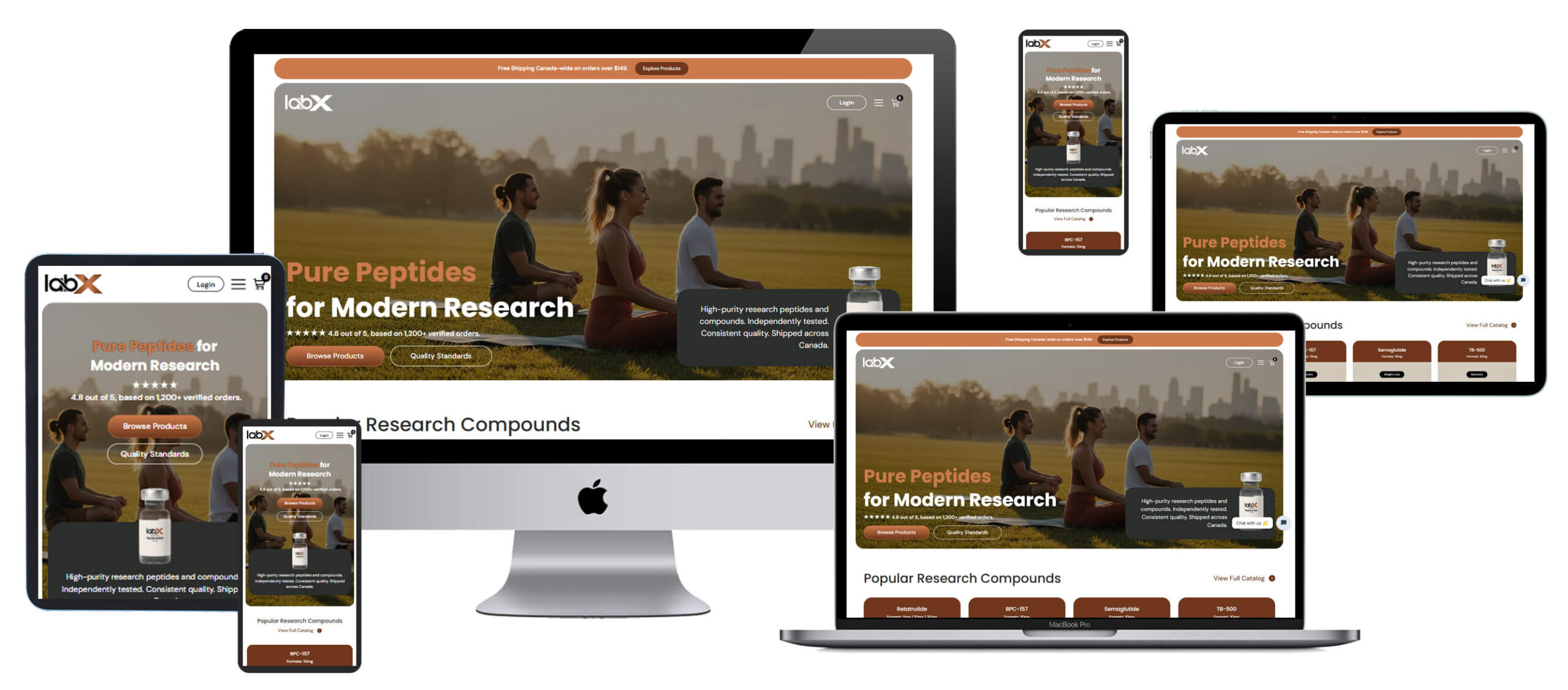 Multi-device screen mockup displaying LabX research peptides website across desktop monitor, laptop, and smartphone