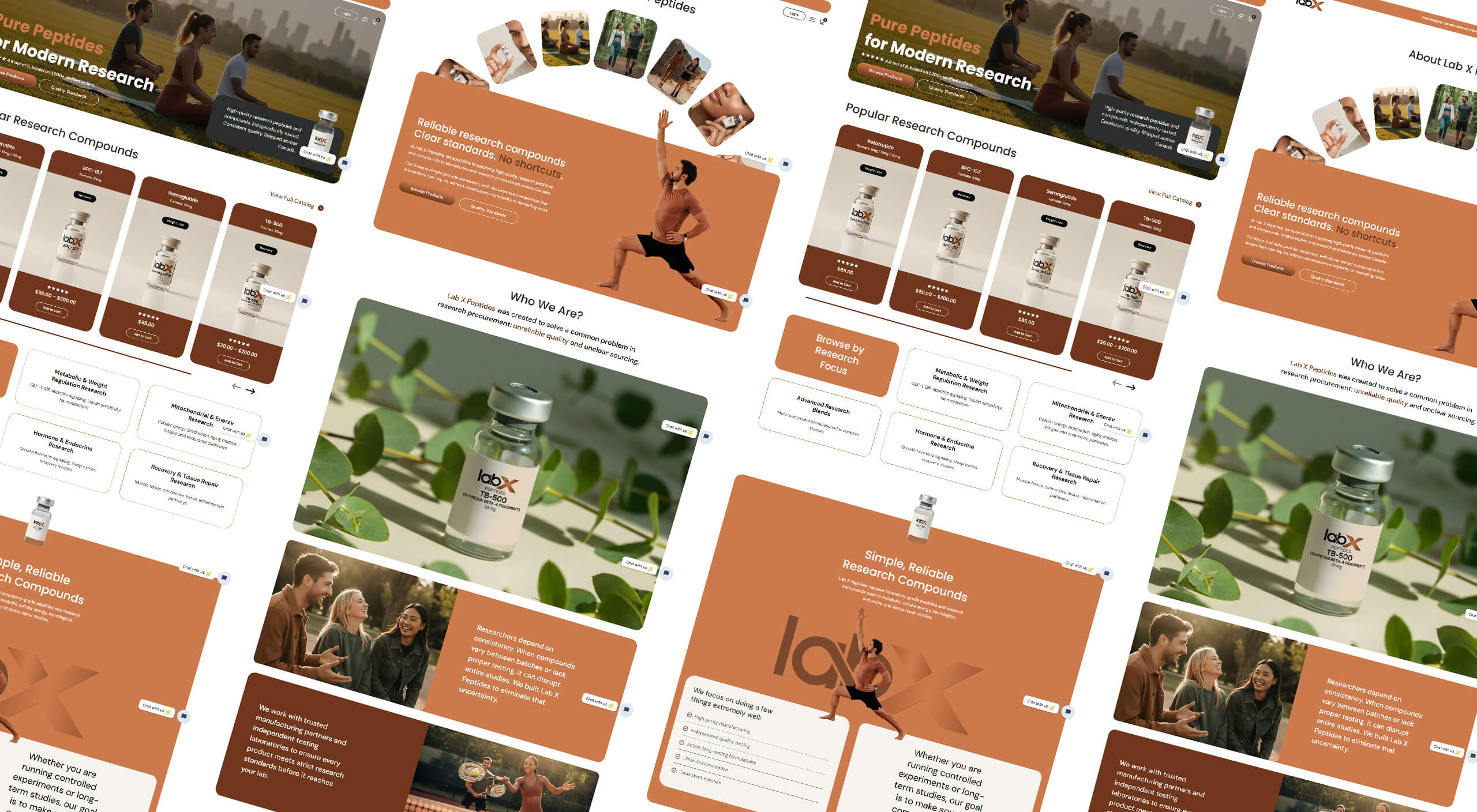 Isometric perspective grid display showing warm terracotta and white scientific peptide website layouts for LabX