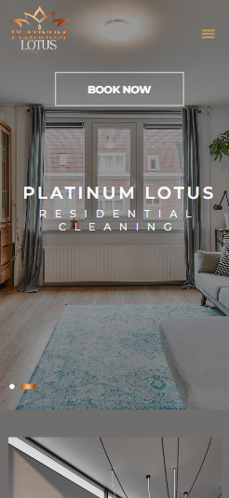 Mobile hero banner for Platinum Lotus featuring bright apartment window backdrop and corporate title