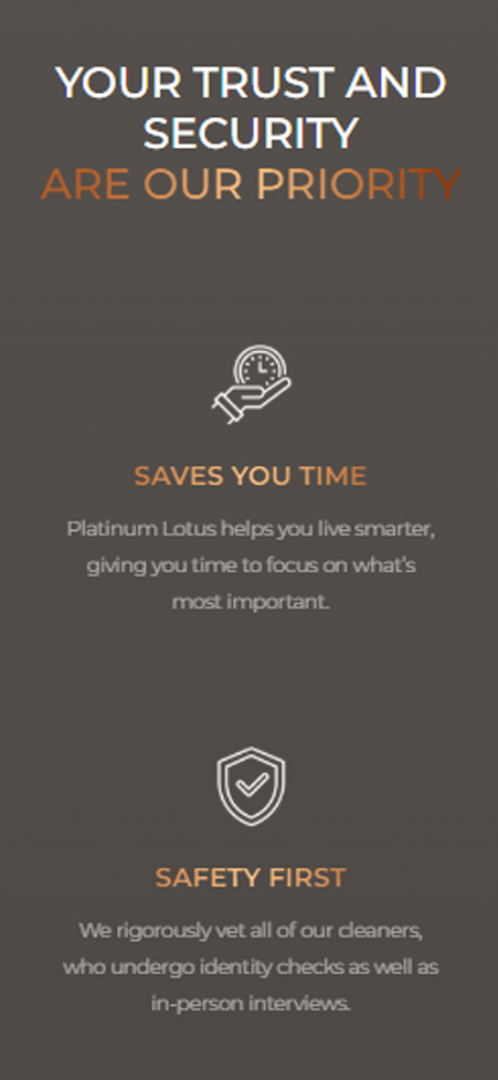 Dark-themed mobile website card for Platinum Lotus featuring clock icon and Saves You Time headline