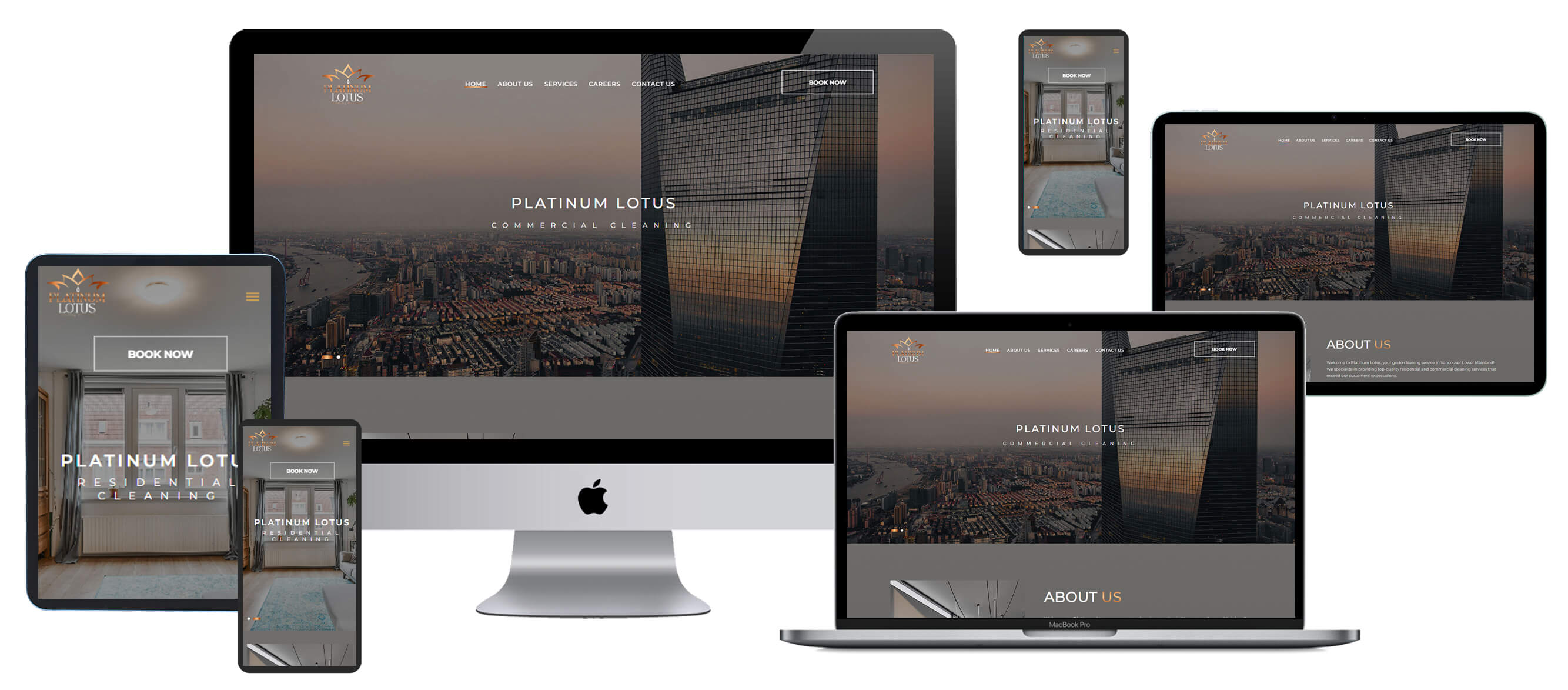 Multi-device mockup displaying Platinum Lotus website on desktop, laptop, and smartphone screens