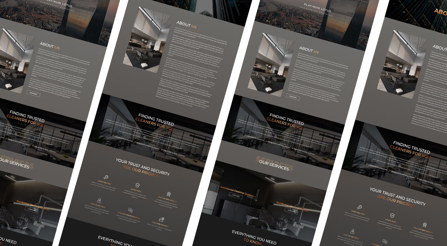 Isometric perspective grid display showing webpage layouts for Platinum Lotus cleaning services