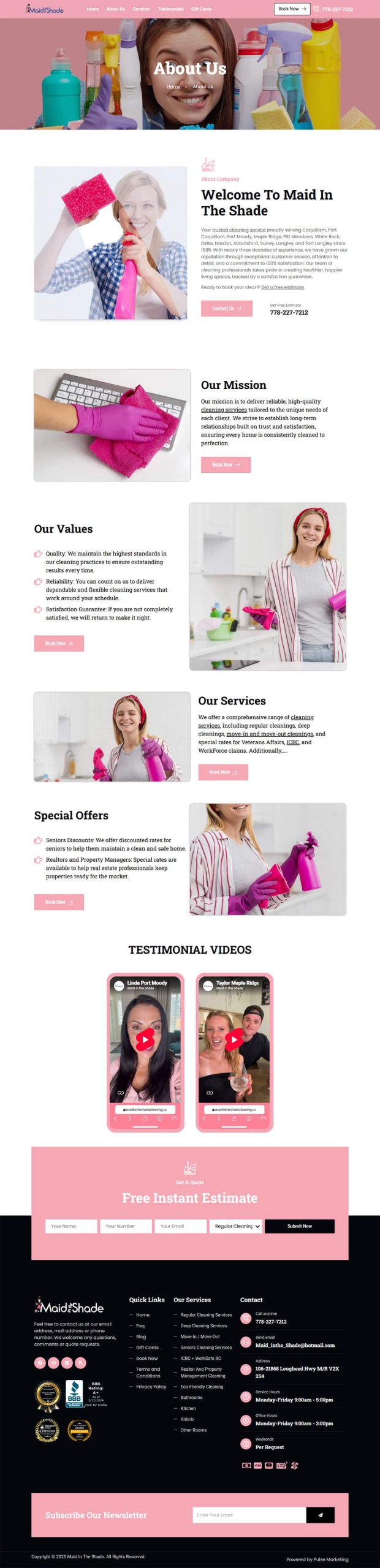 Desktop webpage layout section for Maid in the Shade displaying cleaning team highlights and service details