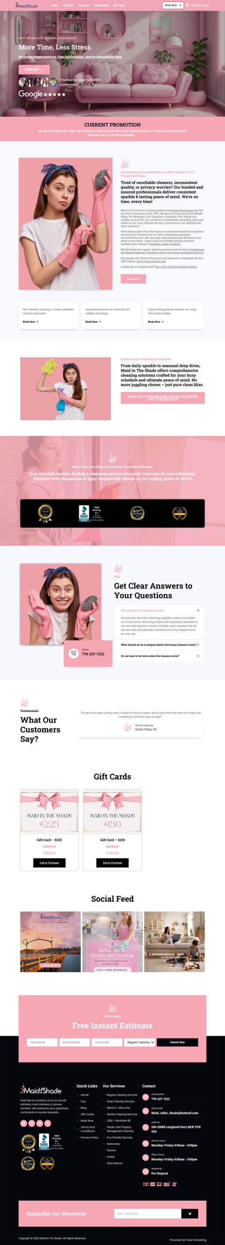 Full desktop homepage website design layout for Maid in the Shade residential cleaning