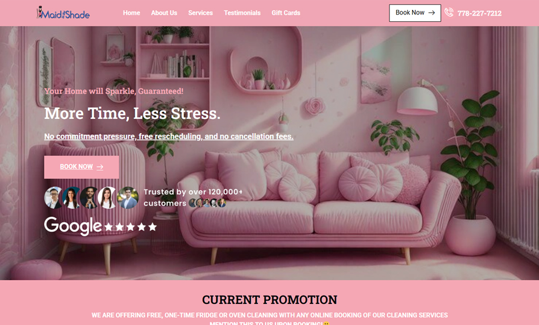 Pastel pink living room interior banner with pink couch for Maid in the Shade house cleaning website