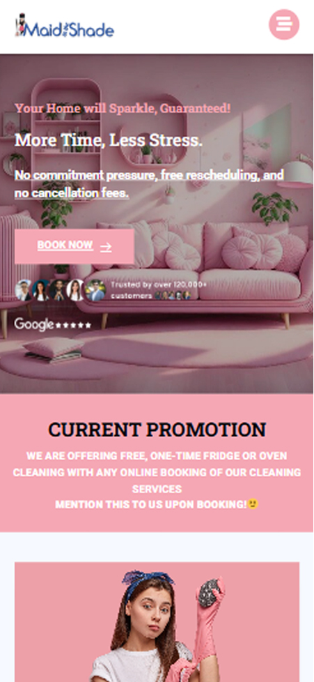 Pastel pink living room mobile hero section for Maid in the Shade with Book Now and Google reviews