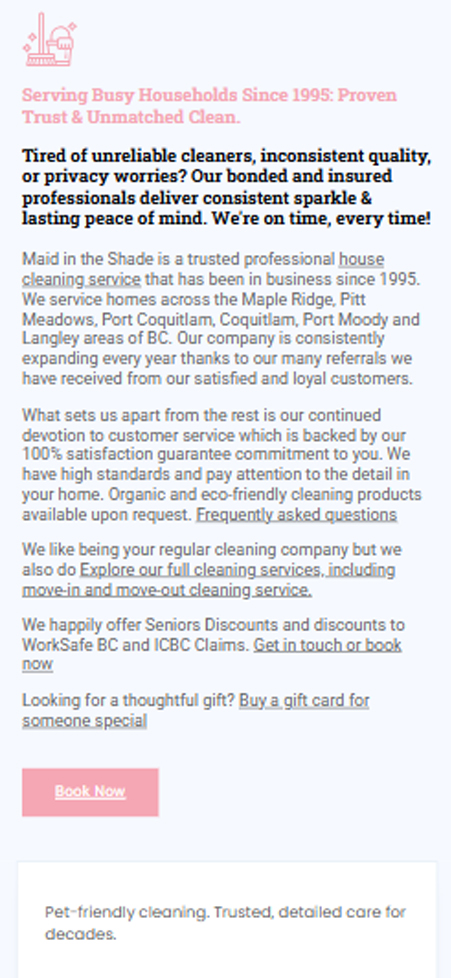 Text-focused mobile webpage section detailing Maid in the Shade company history since 1995 and BC service areas