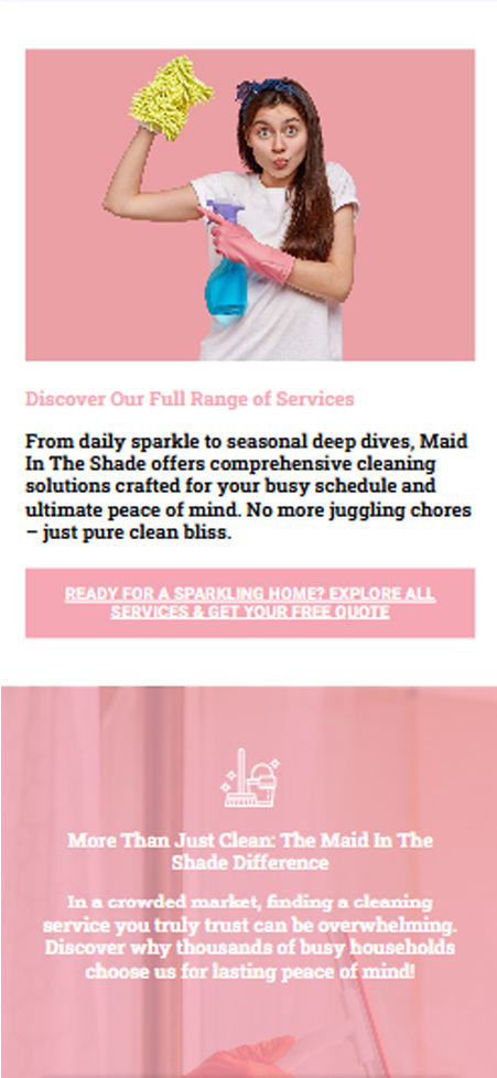 Text card highlighting daily sparkle and seasonal deep dives on Maid in the Shade mobile web view