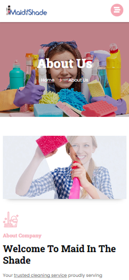 Smiling woman holding pink cleaning sponge on Maid in the Shade mobile website layout
