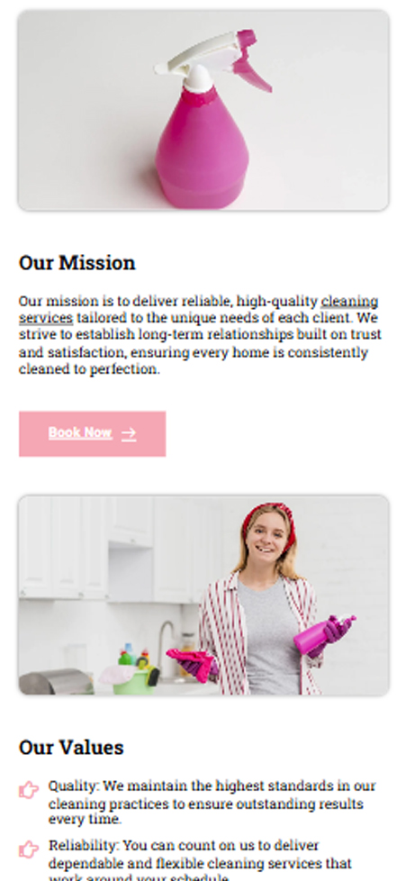 Mobile webpage card displaying Our Mission text and pink Book Now button for Maid in the Shade