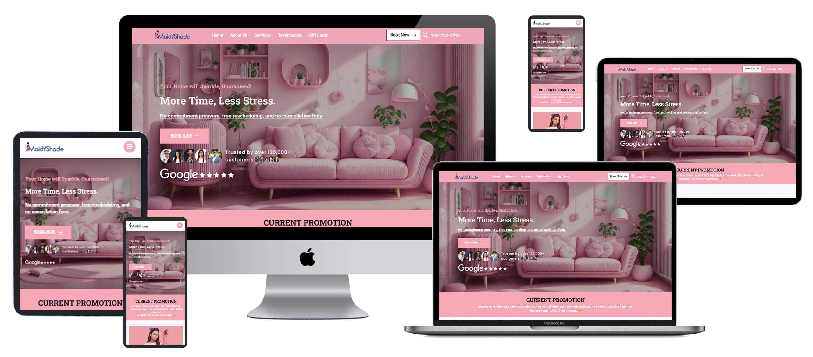 Multi-device screen mockup displaying Maid in the Shade website on desktop, laptop, and mobile smartphone