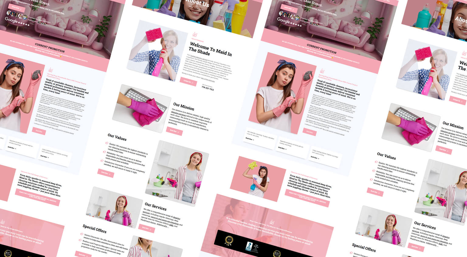 Isometric perspective grid showcase displaying webpage layouts for Maid in the Shade residential cleaning website