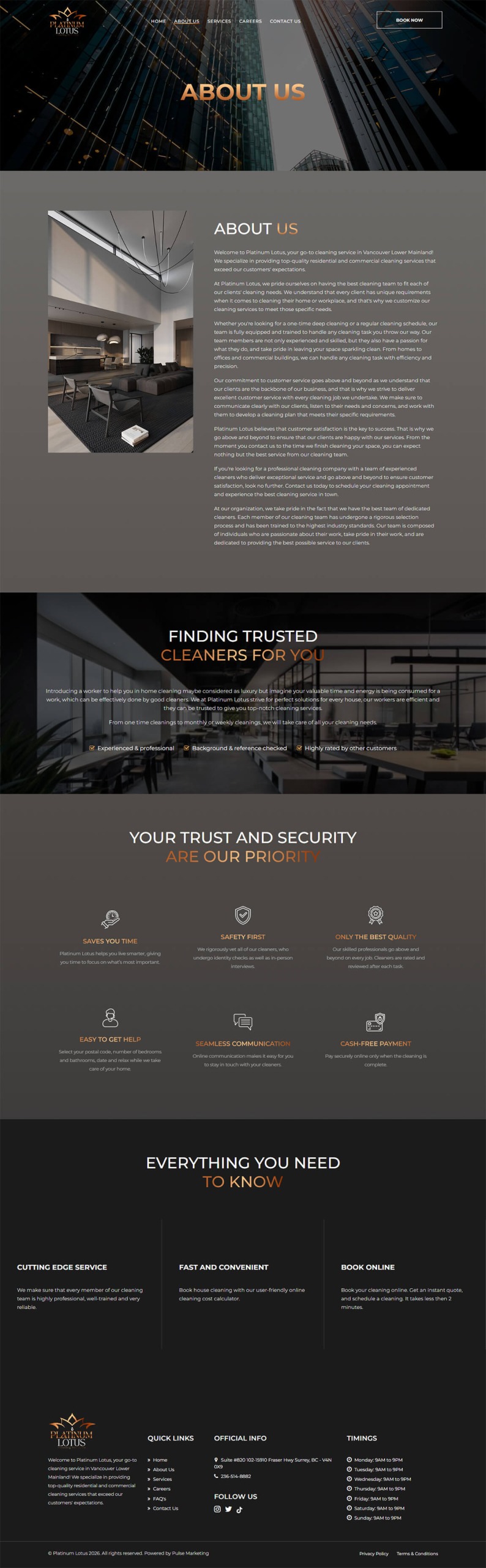 Corporate desktop page section for Platinum Lotus displaying company background and interior design photo