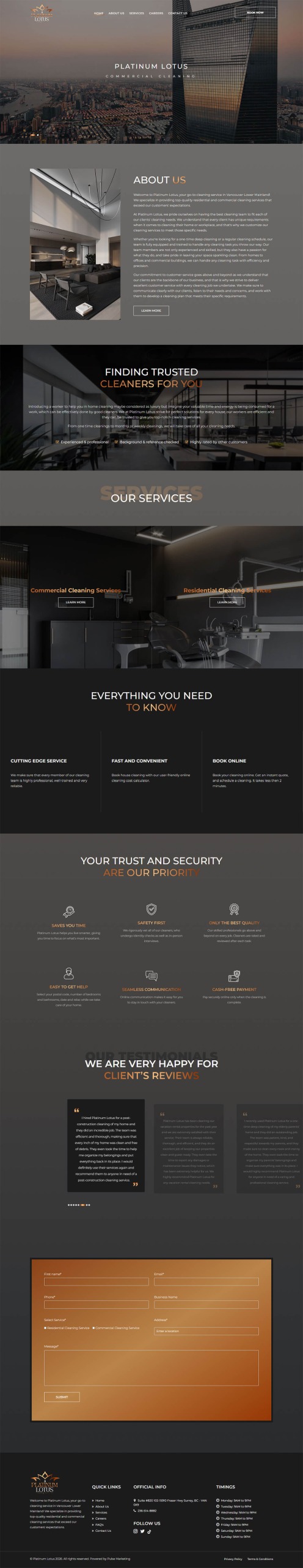 Full desktop homepage design for Platinum Lotus cleaning and residential services website