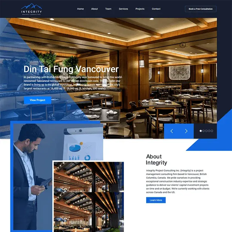 Corporate website layout for corporate consulting featuring blue geometric branding, financial charts, and executive meetings