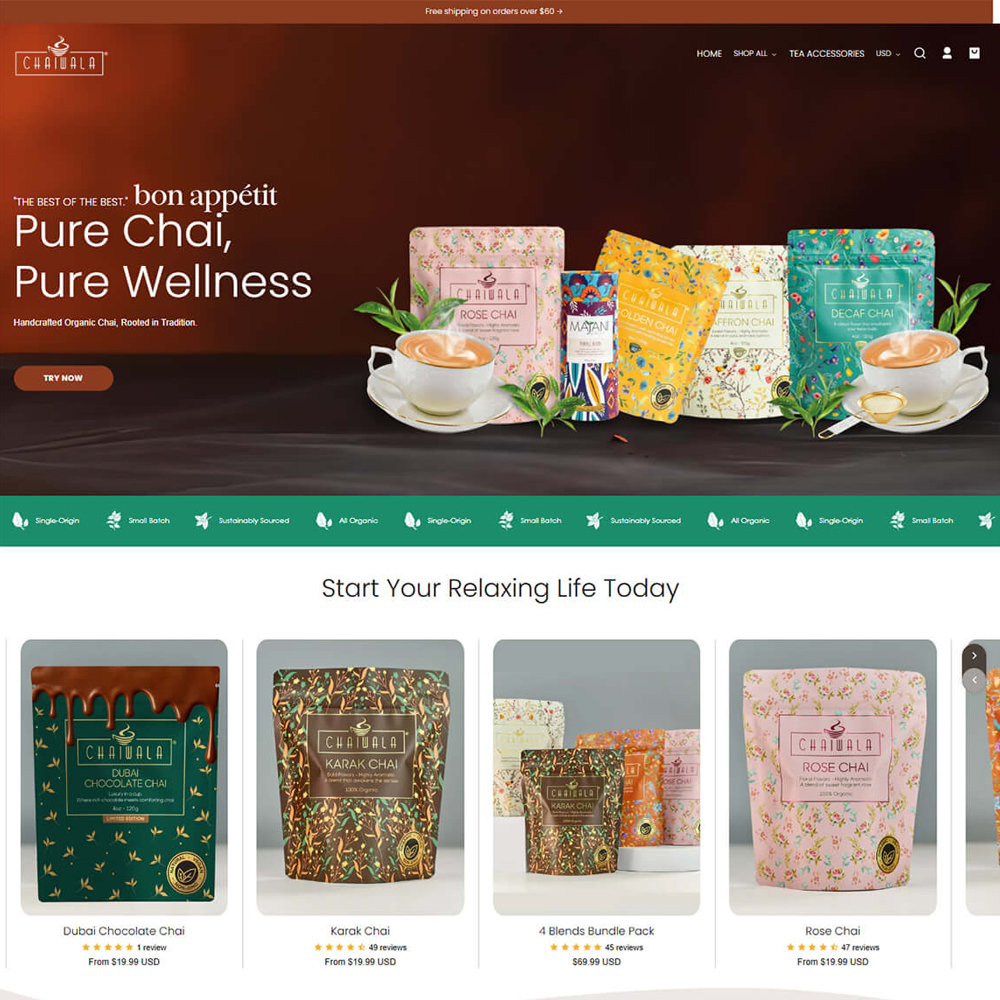 Web design portfolio layout for Pure Chai reading Pure Chai, Pure Wellness with organic tea pouch display and shop grid