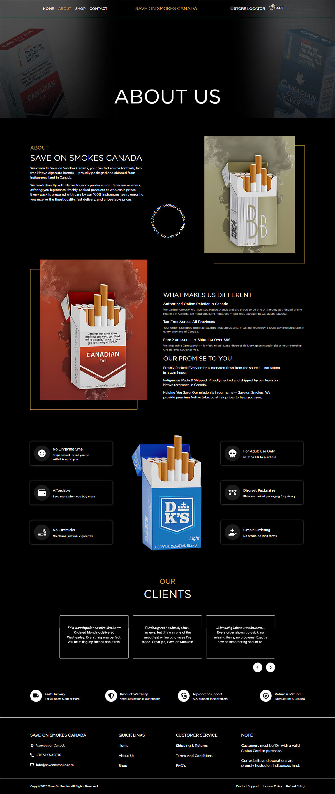 Dark desktop webpage section for Save On Smokes displaying product descriptions and brand history