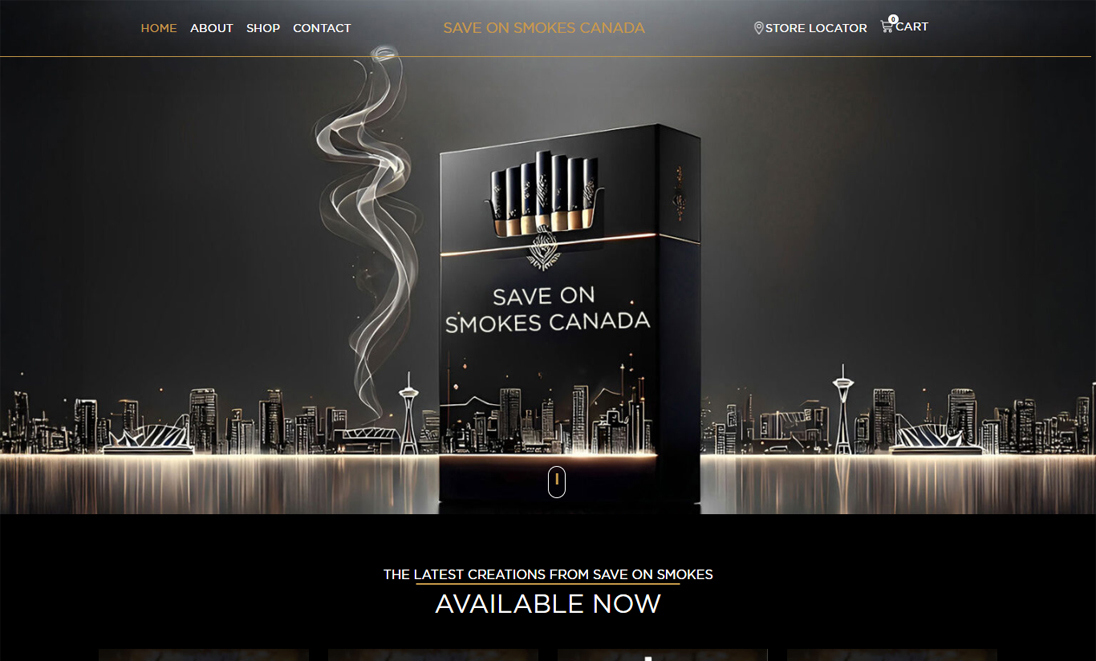 Smoke rising over cigarette pack header for Save On Smokes Canada website with city background