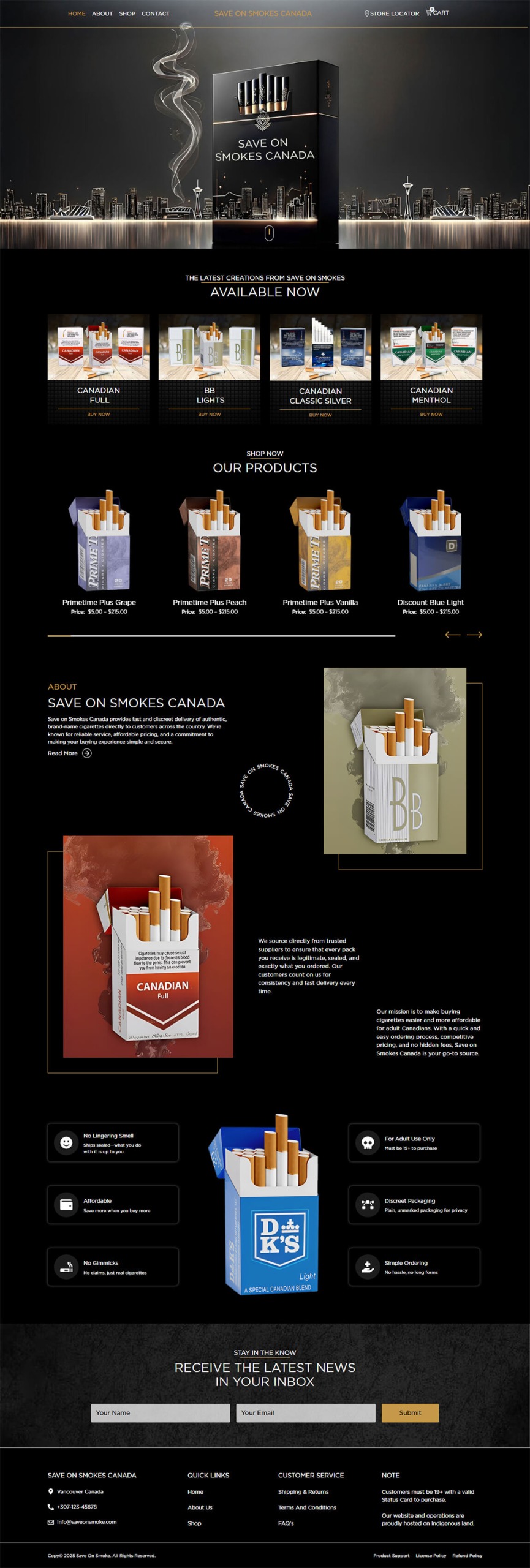Full desktop homepage website layout for Save On Smokes Canada online shop