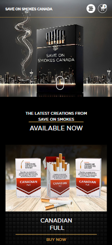 Dark city skyline mobile hero banner reading The Latest Creations From Save On Smokes