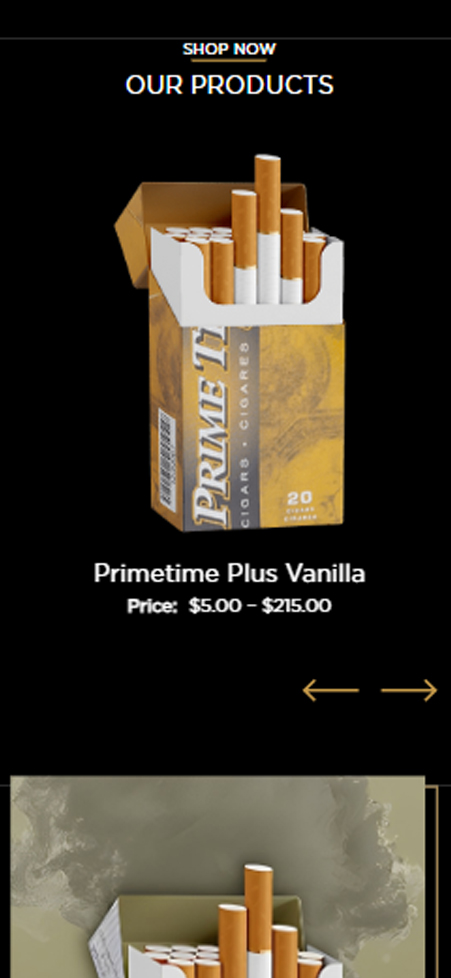 Primetime Plus Vanilla cigarillo pack packaging display on Save On Smokes mobile view