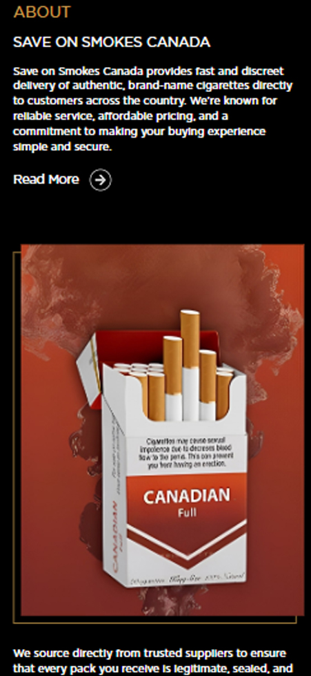 Open red cigarette pack render with smoke effect on Save On Smokes Canada mobile UI