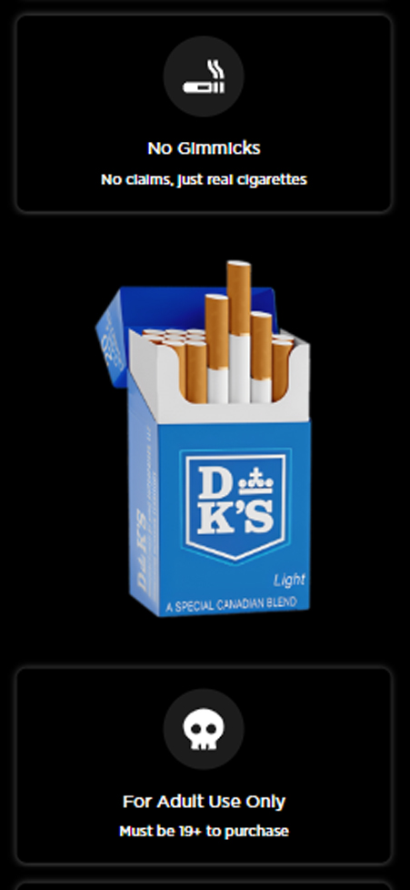 Blue DK's cigarette pack render on Save On Smokes Canada mobile product page