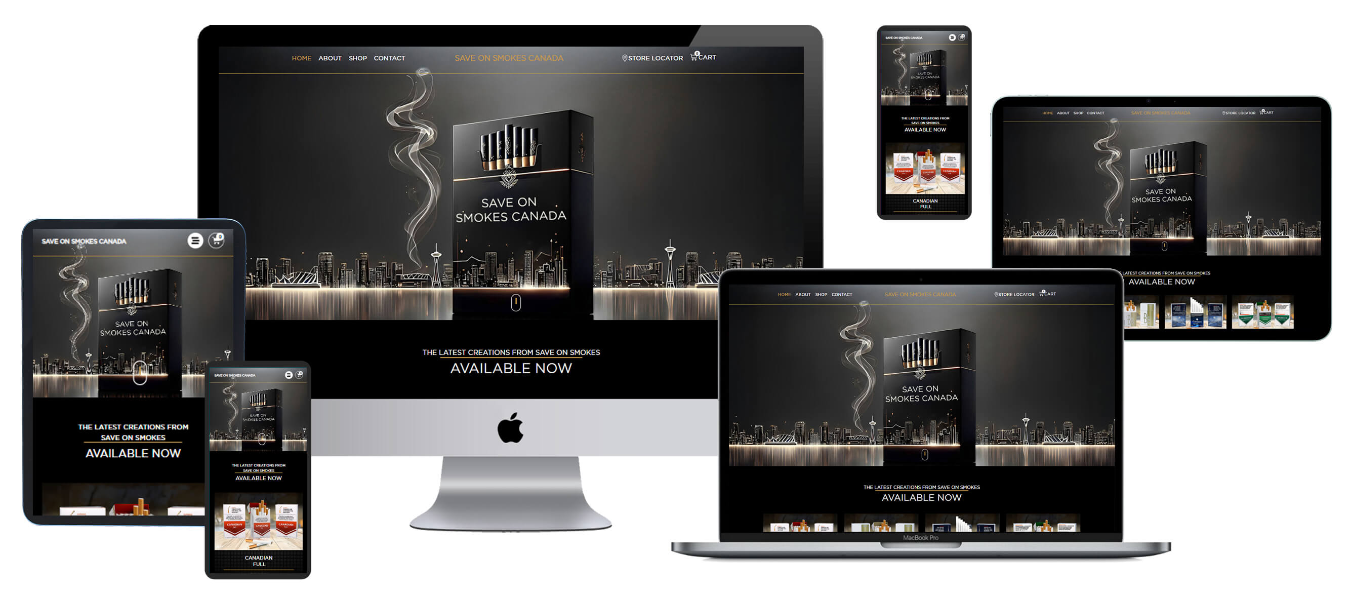 Multi-device screen mockup displaying Save On Smokes Canada website on desktop, laptop, and mobile screen