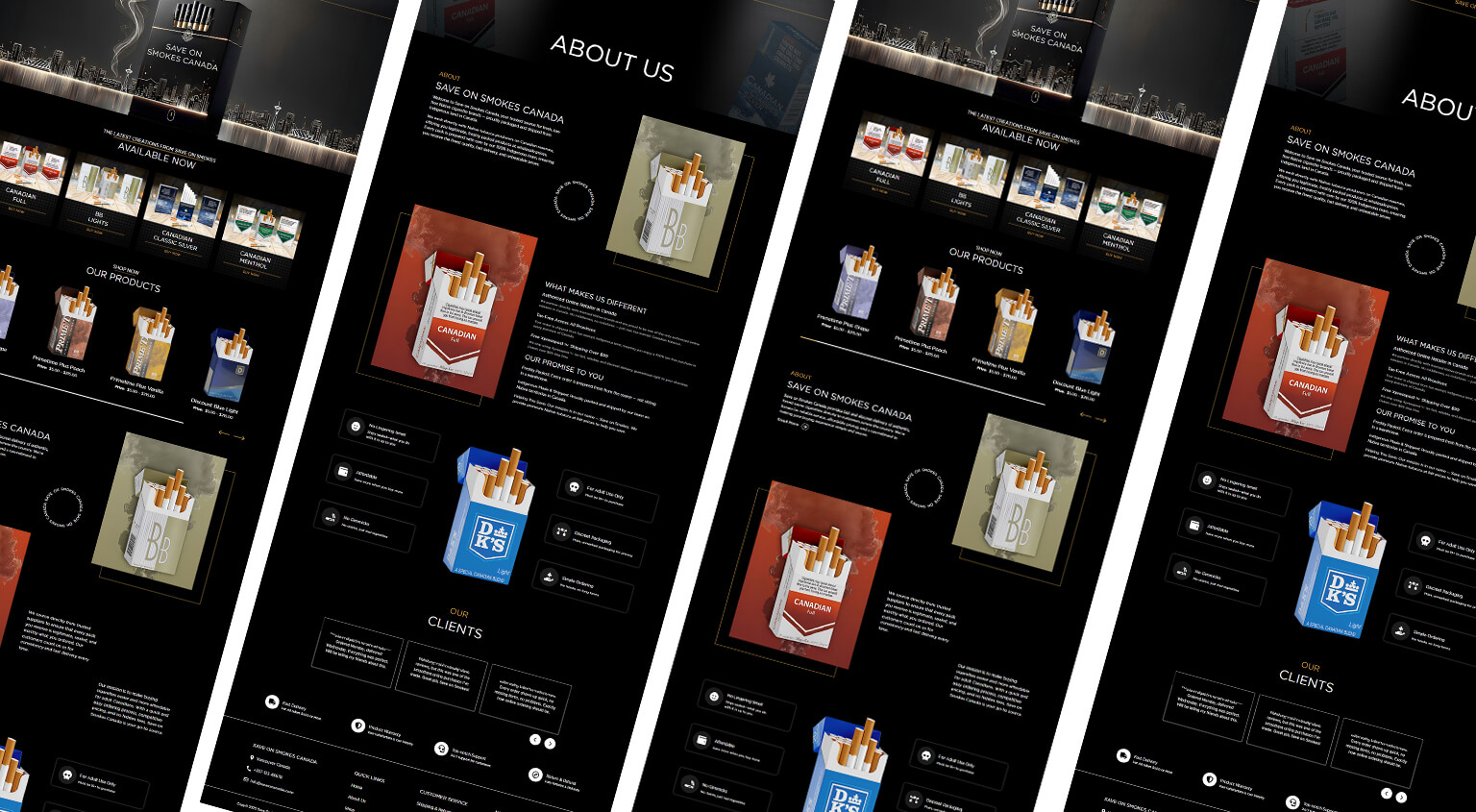Isometric perspective grid display showing dark website layouts for Save On Smokes Canada online shop