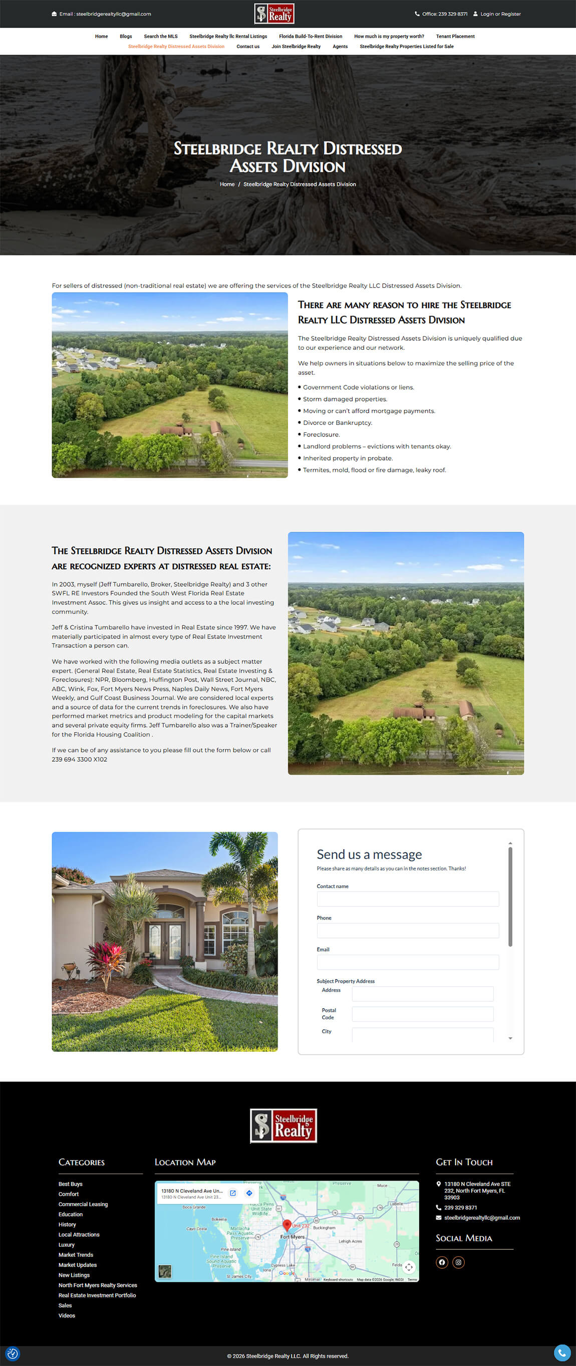 Desktop webpage layout section for Steelbridge Realty displaying aerial property photography and company history