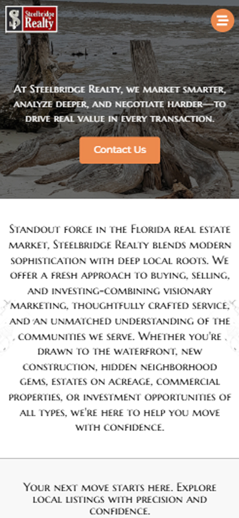 Text-focused mobile header for Steelbridge Realty highlighting deep local roots and modern sophistication