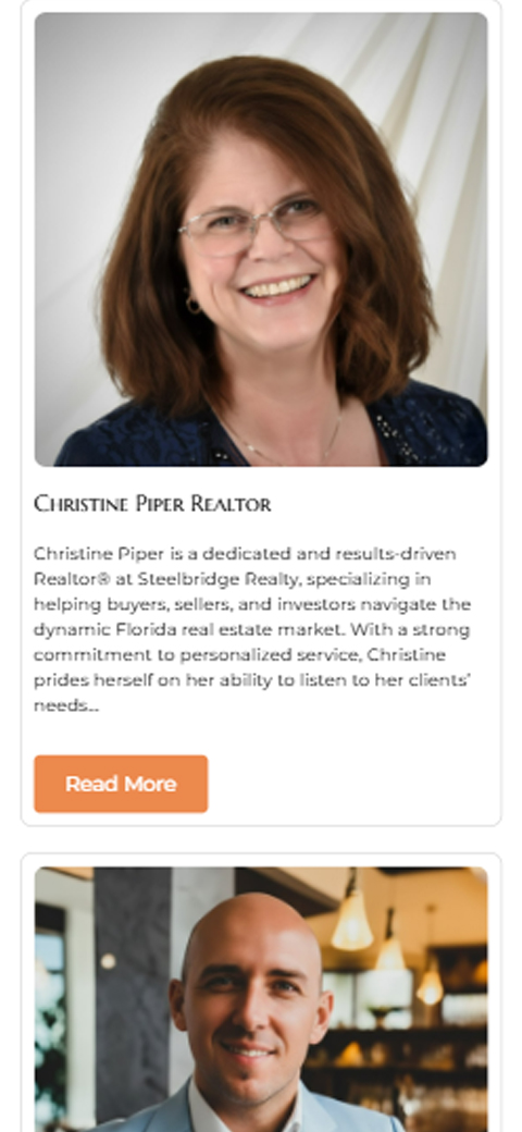 Realtor headshot and biography section for Christine Phipps on Steelbridge Realty mobile website