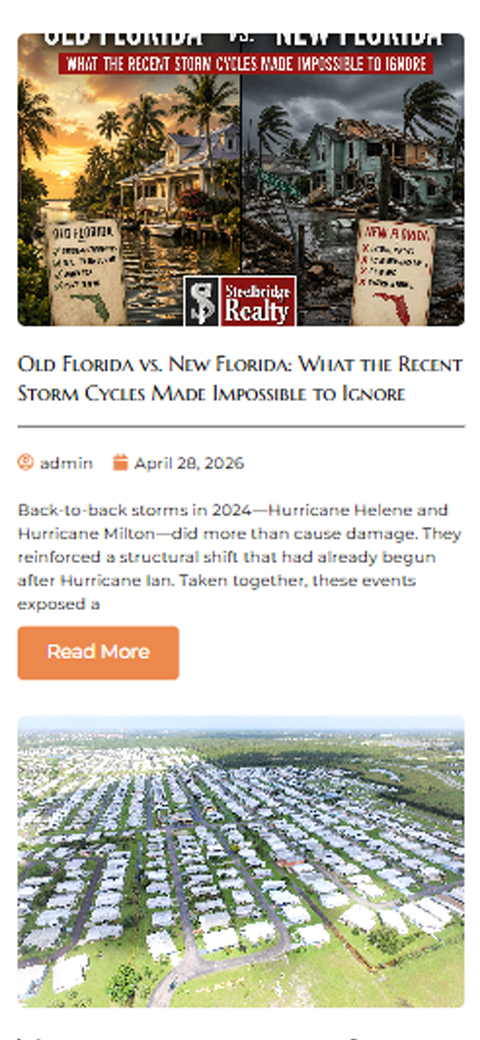Mobile blog article section for Steelbridge Realty discussing Florida real estate storm impacts